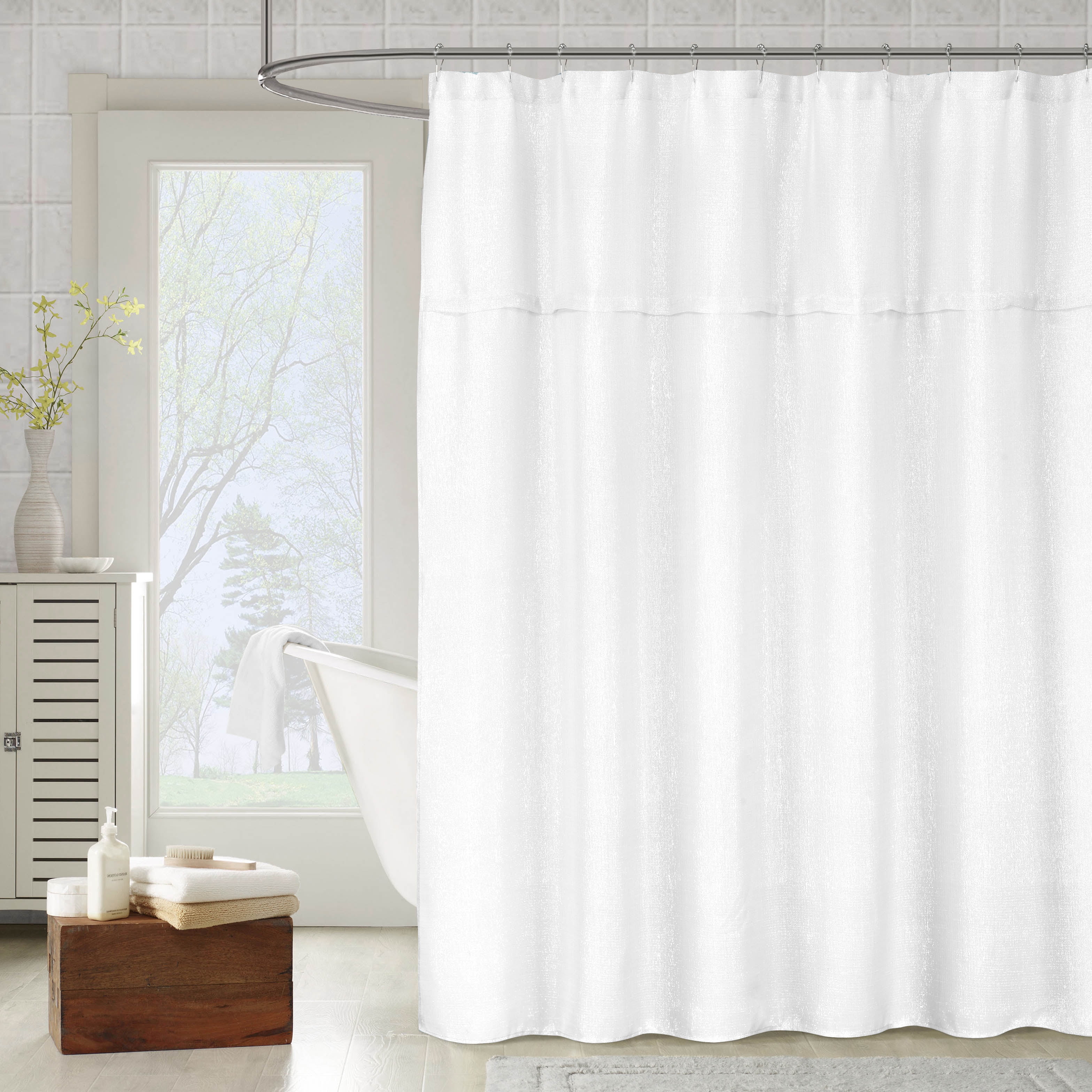 Metallic White Fabric  Shower  Curtain  Textured Sheer 