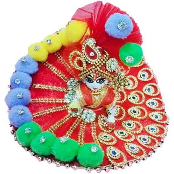 Shree Krishna Peacock Designed Themed Red Dress & Pagdi (Turban) Set Handstitched Bal Krishna Designer Dress-of Net-Satin Fabric for Indian Traditional Spritual Hanging Ornament