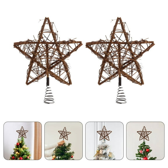 UPOUART 2-Pack Rustic Wood Wicker Star Christmas Tree Toppers, Festive Xmas Tree Decorations for Families