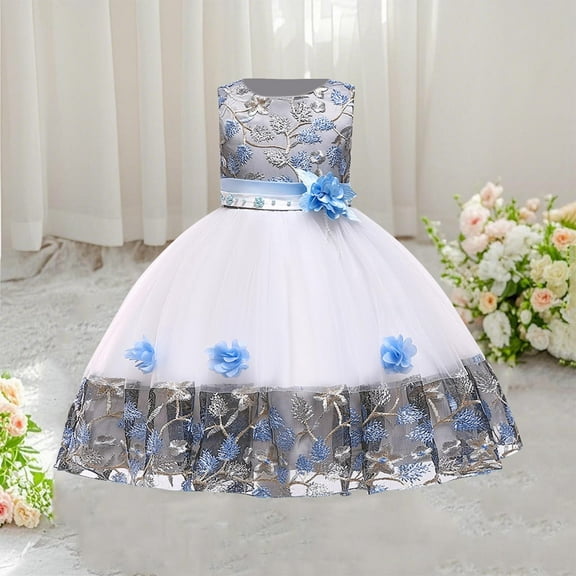 Girls' Sleeveless Embroidered Lace Mesh Dress with Floral Design for Performance and Special Occasions