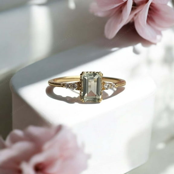 SHREENATHJEWELRY 8x6MM / 2CT Green Amethyst Engagement Ring CZ Diamond Proposal Ring February Birthstone Bridal Wedding Gift Ring