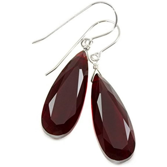 Sterling Silver Simulated Ruby Earrings Deep Red Faceted Teardrops Simple Long Dangle Drops 1.7" Designed for Adult Women