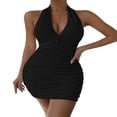 thumbnail image 1 of LYMAYTER ‌Women's Halter Bodycon Mini Dress V-Neck Backless Ruched Detail Dresses S-XL, 1 of 10