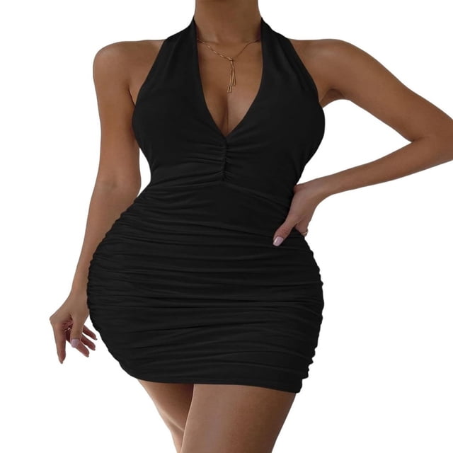 LYMAYTER Women's Halter Bodycon Mini Dress V-Neck Backless Ruched Detail Dresses S-XL