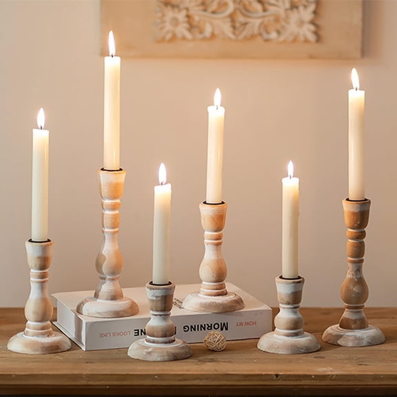 NUPTIO Taper Candle Holders Wood: Set of 6 Rustic Wooden Candlestick Holder - Vintage Candleholder for Fall Thanksgiving Christmas Fireplace Table Decor