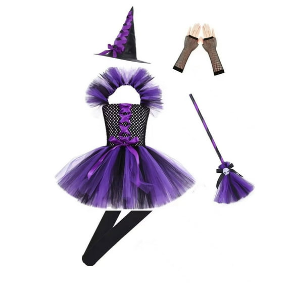 Gelikeya Girls Halloween Party Dress Size 3-12, Skirts Hat Handbroom Gloves Socks, Novelty Dark Arts Outfit Clothes