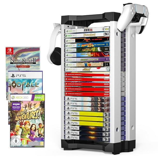Estantería multifuncional para videojuegos con capacidad para 24 discos, 2 auriculares y soportes para mandos, compatible con PS3/PS4/PS5/Switch/Xbox One/Series X/S y discos Blu-Ray