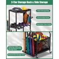 thumbnail image 6 of Sports Equipment Garage Organizer - Rolling Ball Storage with wheels, 3-Tier Sports gear Storage Rack Indoor & Outdoor Balls Cart with Hooks for Home, Garage (Black), 6 of 15