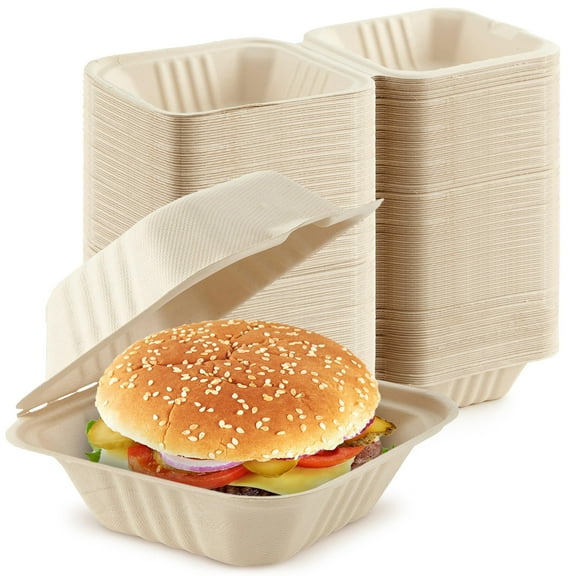 Clamshell Take Out Food Containers 6" x 6” (50 Pack) 1-Compartment, Disposable To Go Container, Togo Boxes With Lids, Trays for Lunch, Dinner, Meal-Prep, Eco Friendly, Compostable, Biodegradable