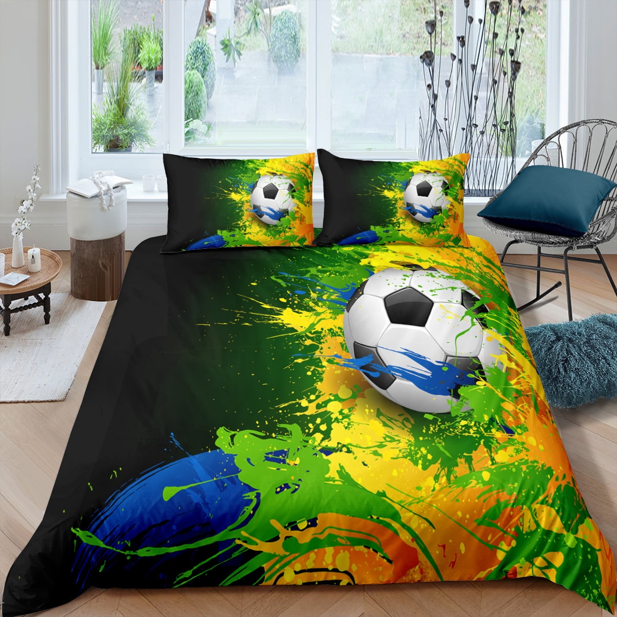 Soccer Ball Bedding Set 3D Geometric Football Duvet Cover for Kids Boys