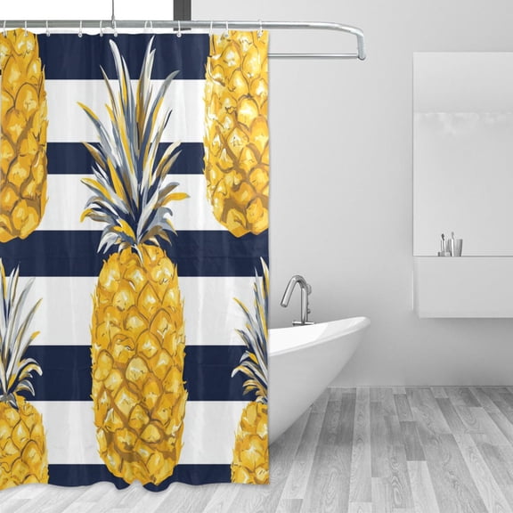 Navy Blue Stripes Pineapples Cute Shower Curtains with 12 Hooks Waterproof Bathroom Decor 66" x 72"