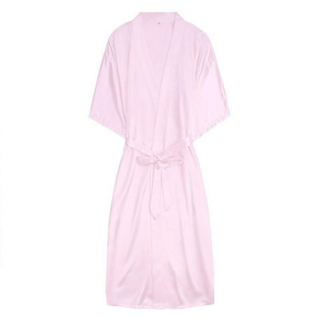 

Maynos Ladies New Imitation Silk Casual Nightgown And Home Wear Pure Color Pajamas With Belt M-2XL Light Pink