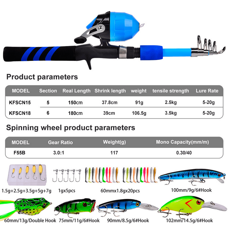 Kids Fishing Rod and Reel Combo Full Kit 1.5m Telescopic Fishing Casting Rod  Spincast Reel Set with Hooks Lures Storage Bag - AliExpress