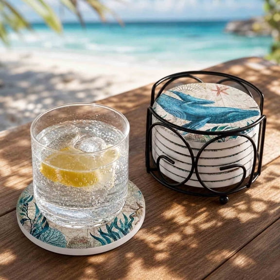 8-Piece Ocean Theme Ceramic Coasters Set with Metal Holder, Super Absorbent Vintage Map Coastal Drink Coasters for Coffee Mugs & Wine