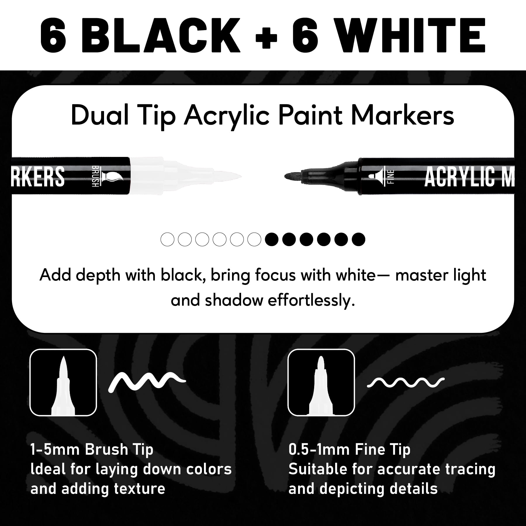 Black and White Acrylic Paint Markers, 12 Pack Dual Tip with Fine Tip and Brush Tip Pens for Stone, Wood, Calligraphy, Canvas, Ceramic, Metal, Glass, Rock Painting, DIY Crafts