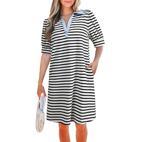 Women's Black Stripe Contrast V Neck Collared Puff Sleeve T-Shirt Mini Dress with Pockets | [ZhiHiMeRi] | (US 12-14)L