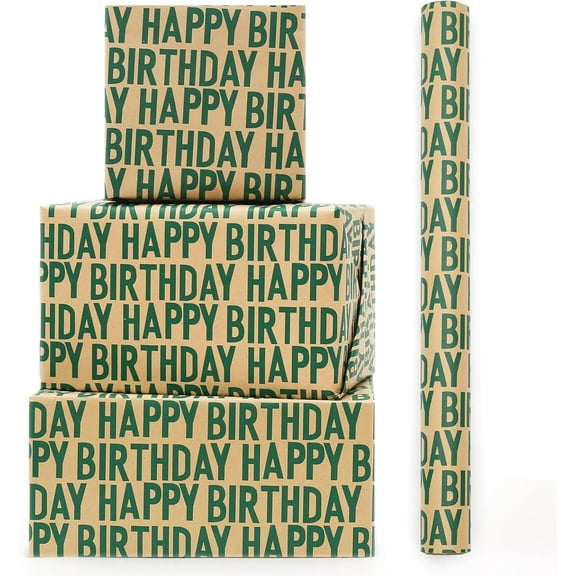 Green Birthday Wrapping Paper, Minimal Emerald Greens Large Happy Birthday Repeating Script Wrapping Paper - 1 Mini Roll 17Inch x10 ft Per Roll - Green Kraft Gift Wrap for Birthdays Party
