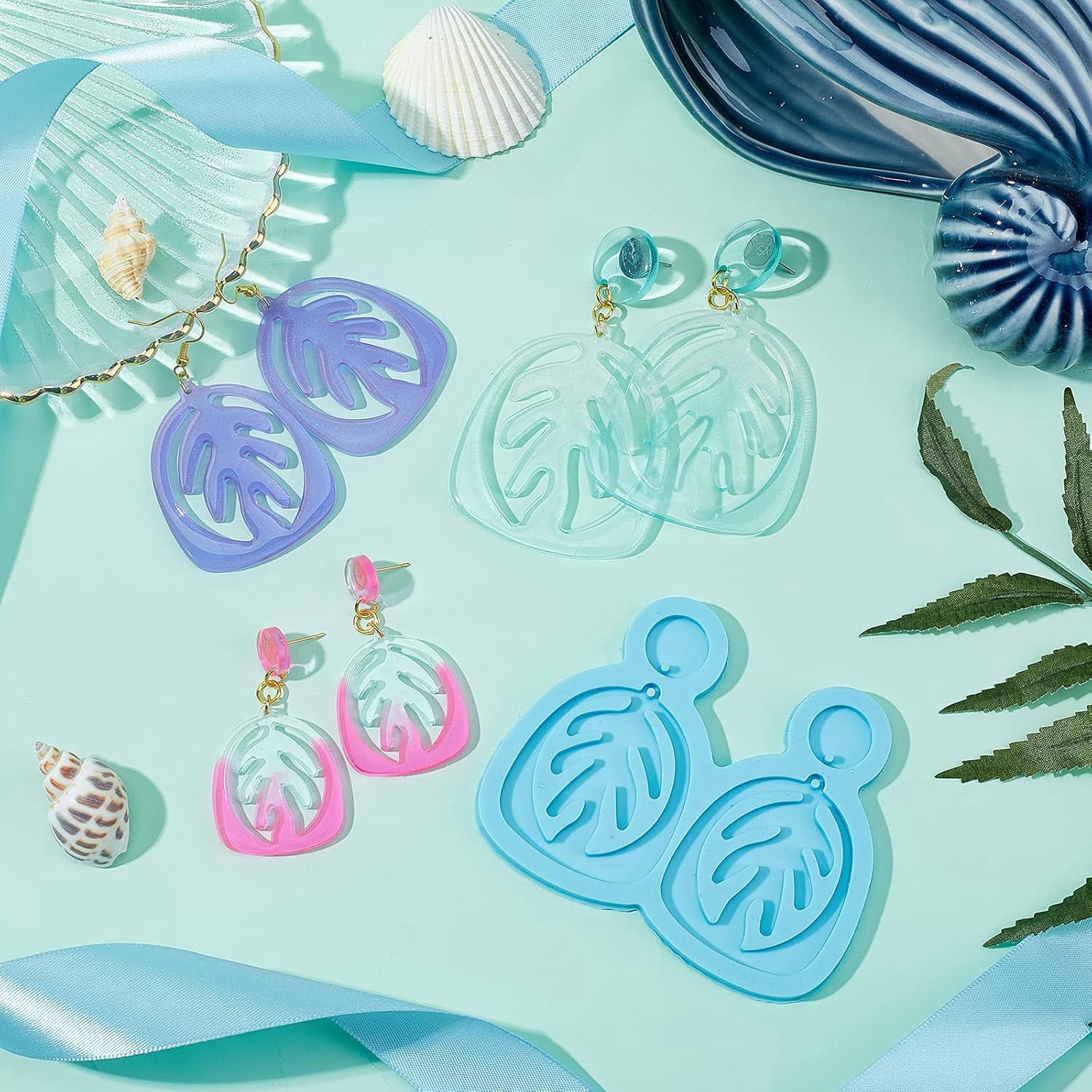 6Pcs 3 Sizes DIY Leaf Dangle Stud Earrings Silicone Molds Deep Sky Blue Resin Casting Molds DIY