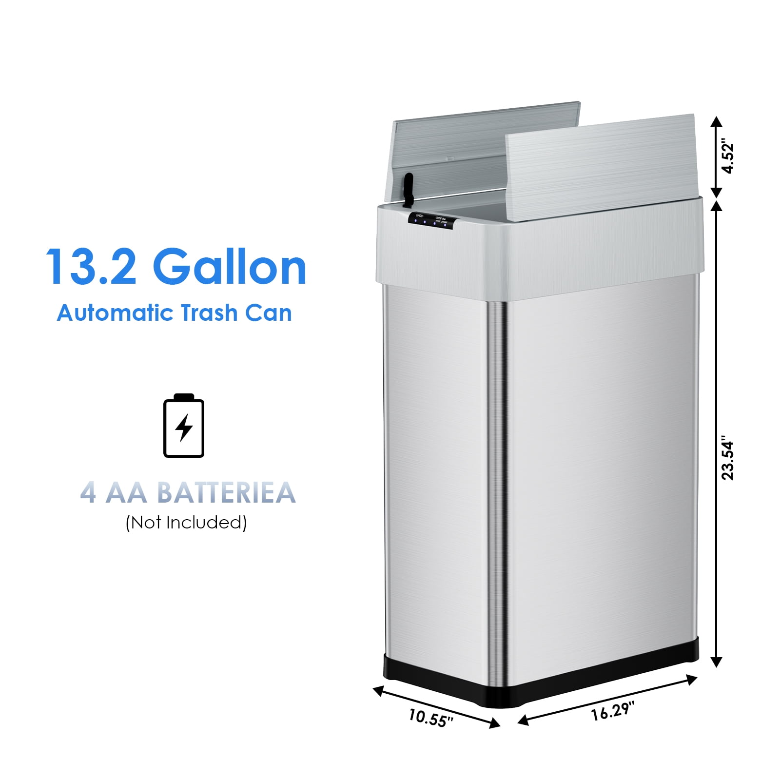 Arlopu 13.2 Gallon Automatic Trash Can for Kitchen, Stainless Steel Wings Open Lid Sensor Garbage Can with Soft-Close Lid