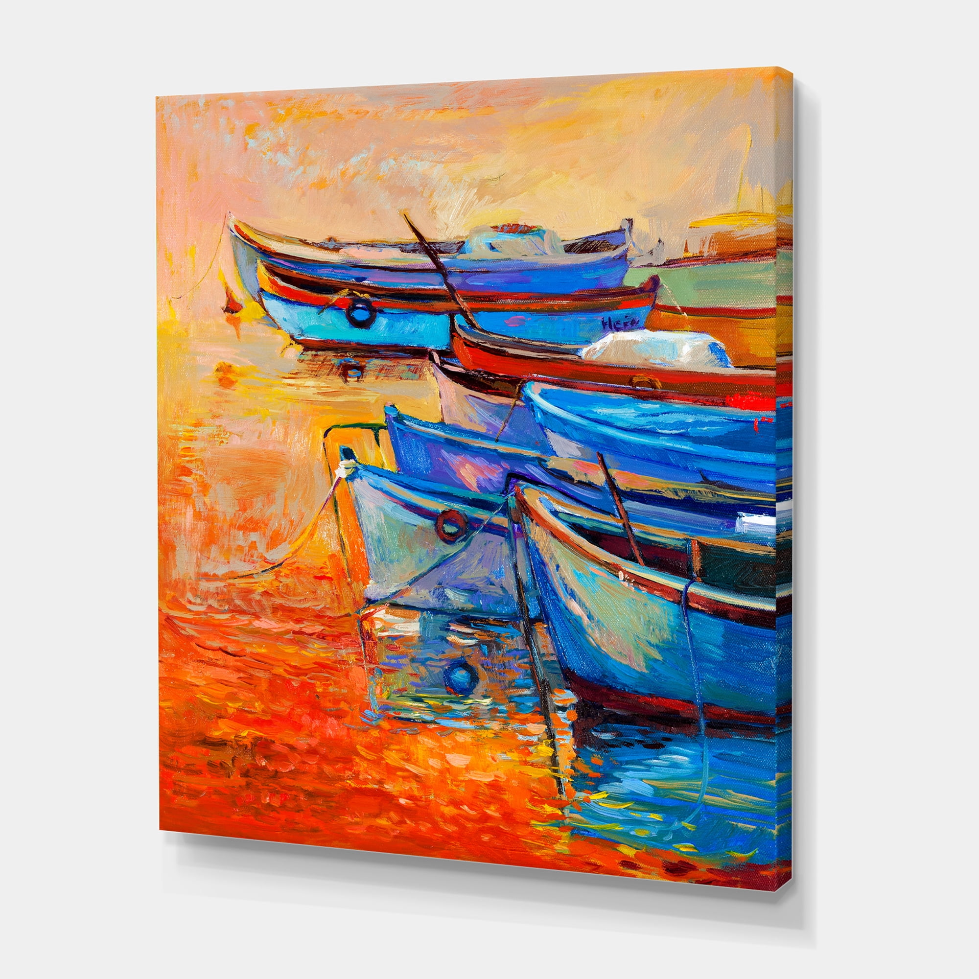 Designart ' Boats During Warm Sunset Resting On The Water VIII ' Nautical & Coastal Canvas Wall Art Print