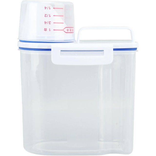 HUGFEGWE Rice Storage Container, Plastic Rice Dispenser Bin with Measuring Cup, Airtight Grain Dispenser with Claer Scale, Clear Kitchen Food Dispenser for Rice, Beans, Grains, Small Dry CA919-108021