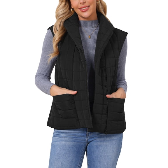 INSPIRE CHIC Women's Puffer Vest Zip Up Puffy Jackets Lapel Cap Sleeve Lightweight Gilet Quilted Vests Warm Coat S Black