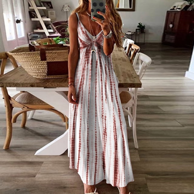Mefallenssiah Femmes Col Rond Robe Longue de Style d'Été des Femmes avec V-Cou et Robe Douce Cravate Teint