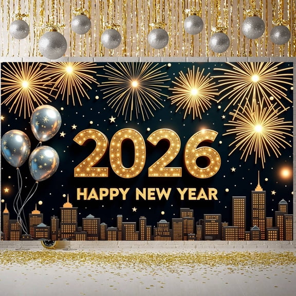 Gold Numerals Happy New Year Banner Fireworks Design 2026 Backdrop Silver Balloons Star Patterns New Year Display for New Year Party New Year's Eve Family Gathering