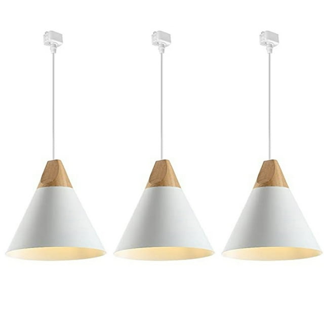 FSLiving H-Style Track Mount Pendant Fixture Scandinavian Style Pendant Lights for Kitchen Hanging Lamp Modern Wood and Aluminium Light Customizable,White - 3 Lights