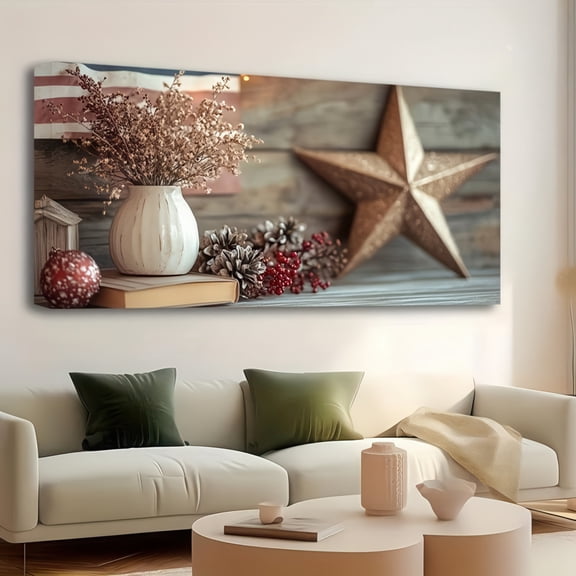 Rustic Americana Still Life with Star Pinecones and Dried Flowers Framed Canvas Wall Art 48x24 Inch Farmhouse Patriotic Decor for Living Room Office