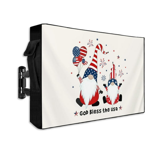 Independence Gnomes Celebration Outdoor TV Cover 48 to 50 Inch Waterproof, Fireworks Beige American Flag 600D Oxford TV Covers with Zipper, Outside Flat TV Screen Protector 48"Wx30"Hx4.5"D