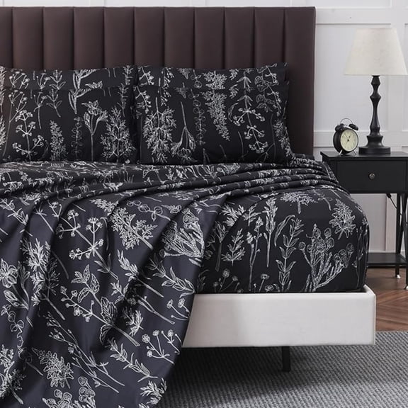 6 Piece King Size Sheets Set, Floral Sheets Black Patterned Sheets Deep Pocket up to 18 inches