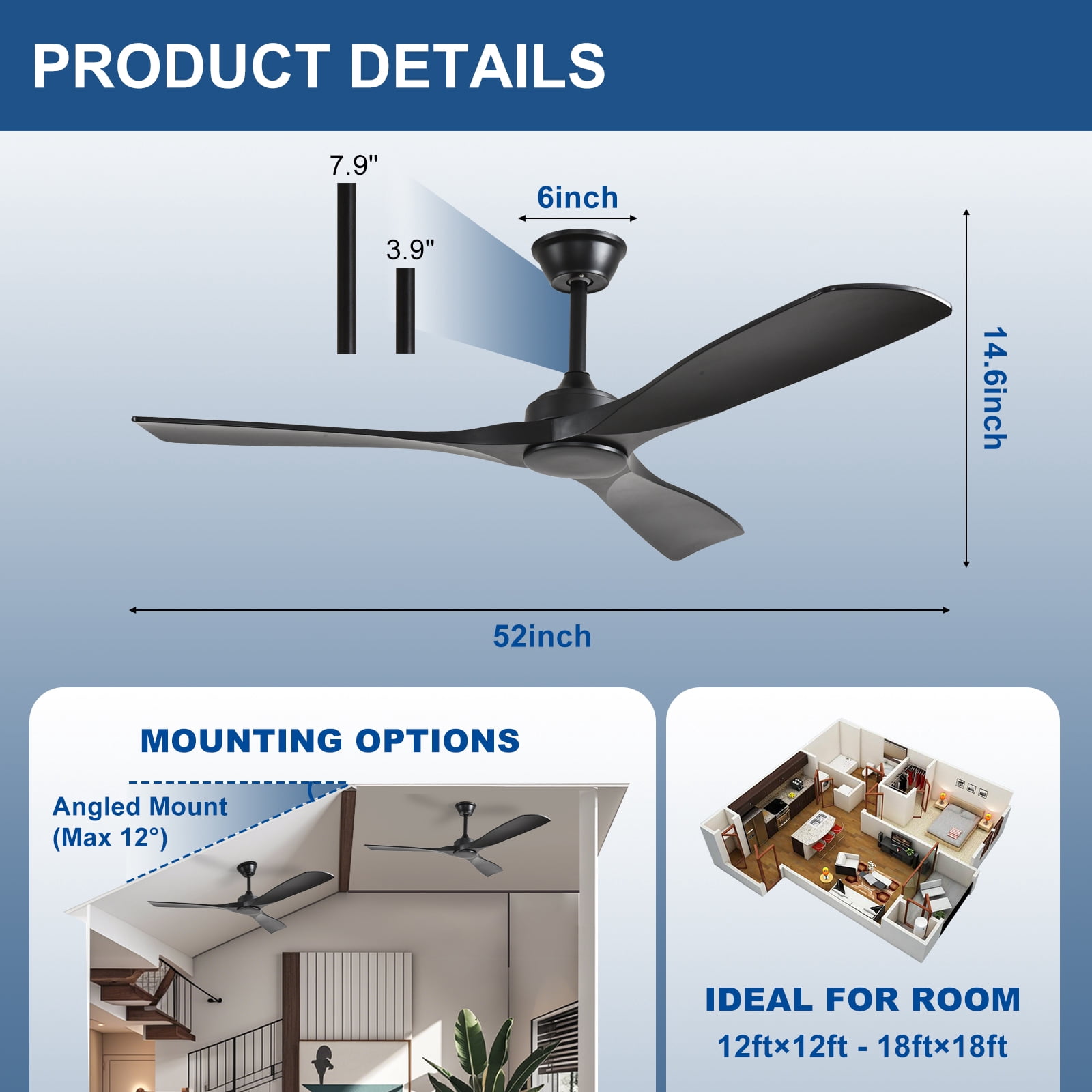 52-Inch Black Ceiling Fan with no Light: Indoor/Outdoor Use Hanging Fan, Remote Control, High Efficiency with Quiet DC Motor, Timer Function