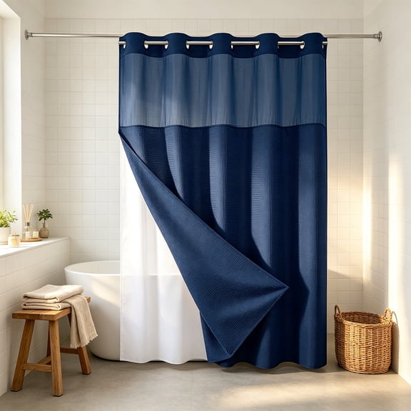 Waffle Weave Double Layer Shower Curtain, Waterproof Polyester Fabric Bathroom Curtain with Detachable Liner & Metal Grommets, No Hook Installation, Quick-Dry, Machine Washable, 72 x 36 Inches