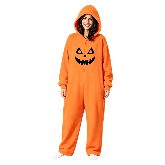 LILIYA Pumpkin Print Onesie, Warm Adult Jumpsuit, Soft Hooded Sleepwear for Men and Women, Cozy Long Sleeve Bodysuit with Pockets, Comfy Holiday Loungewear Suit