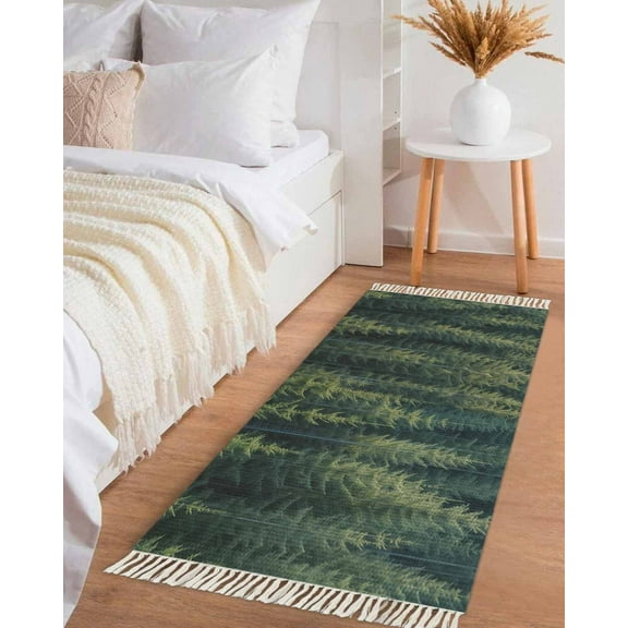 Green Forest Hallway Runner Rug 2x6ft,Pine Tree Summer Botanical Modern Art Washable Woven Living Room Bedroom Kitchen Bathrom Carpet with Tassels,Indoor Outdoor Throw Door Mat for Entryway