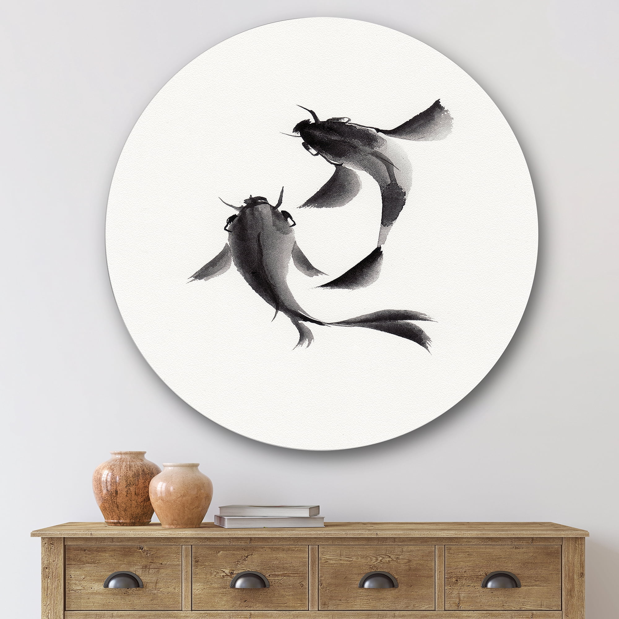 Designart 'Black and White Vintage Fish II' Nautical & Coastal Circle Metal Wall Art 36x36 - Disc of 36