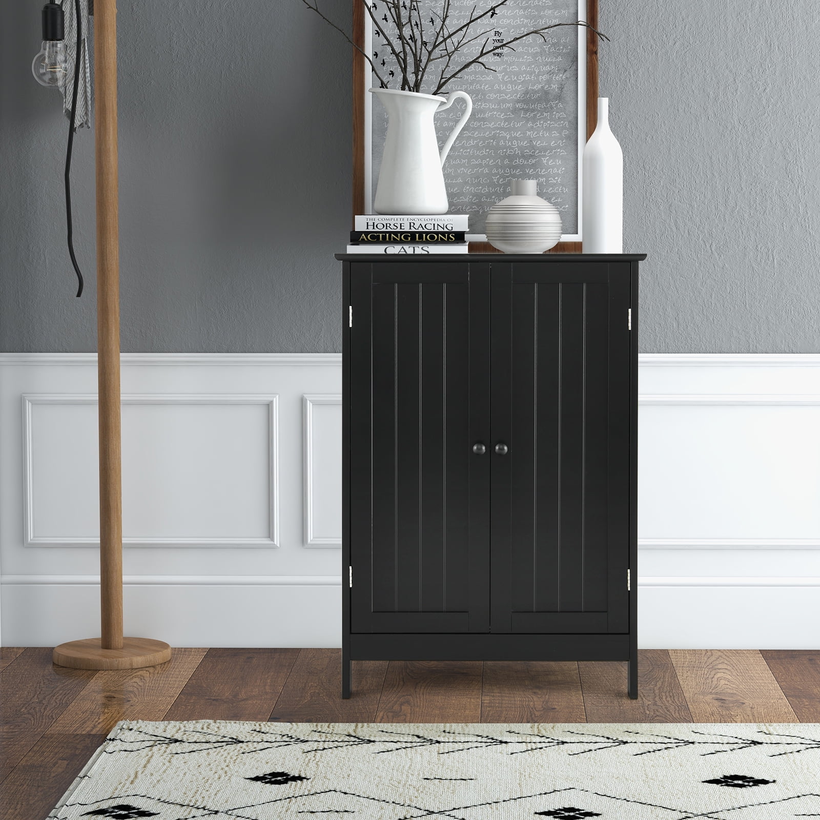Topbuy Bathroom Storage Cabinet Freestanding Display Storage Organizer Cabinet w/ Double Doors Modern 3-Tier Floor Cabinet