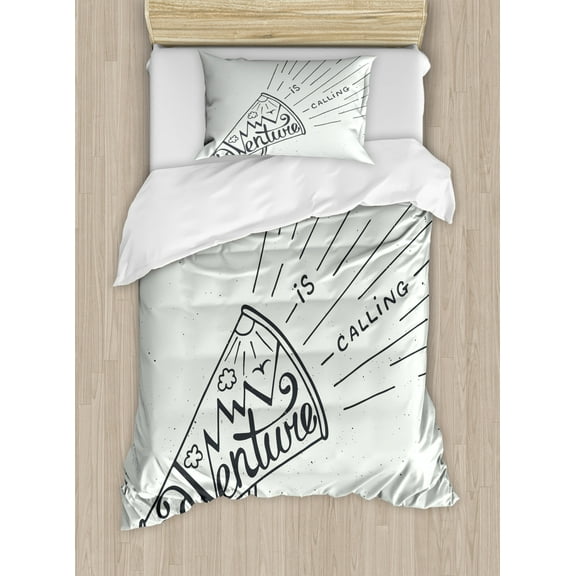 Adventure Twin Size Duvet Cover Set, Adventure is Calling Mouthpiece Mountains Birds and Sun Black And White Design, Decorative 2 Piece Bedding Set with 1 Pillow Sham, Black Wihte, by Ambesonne