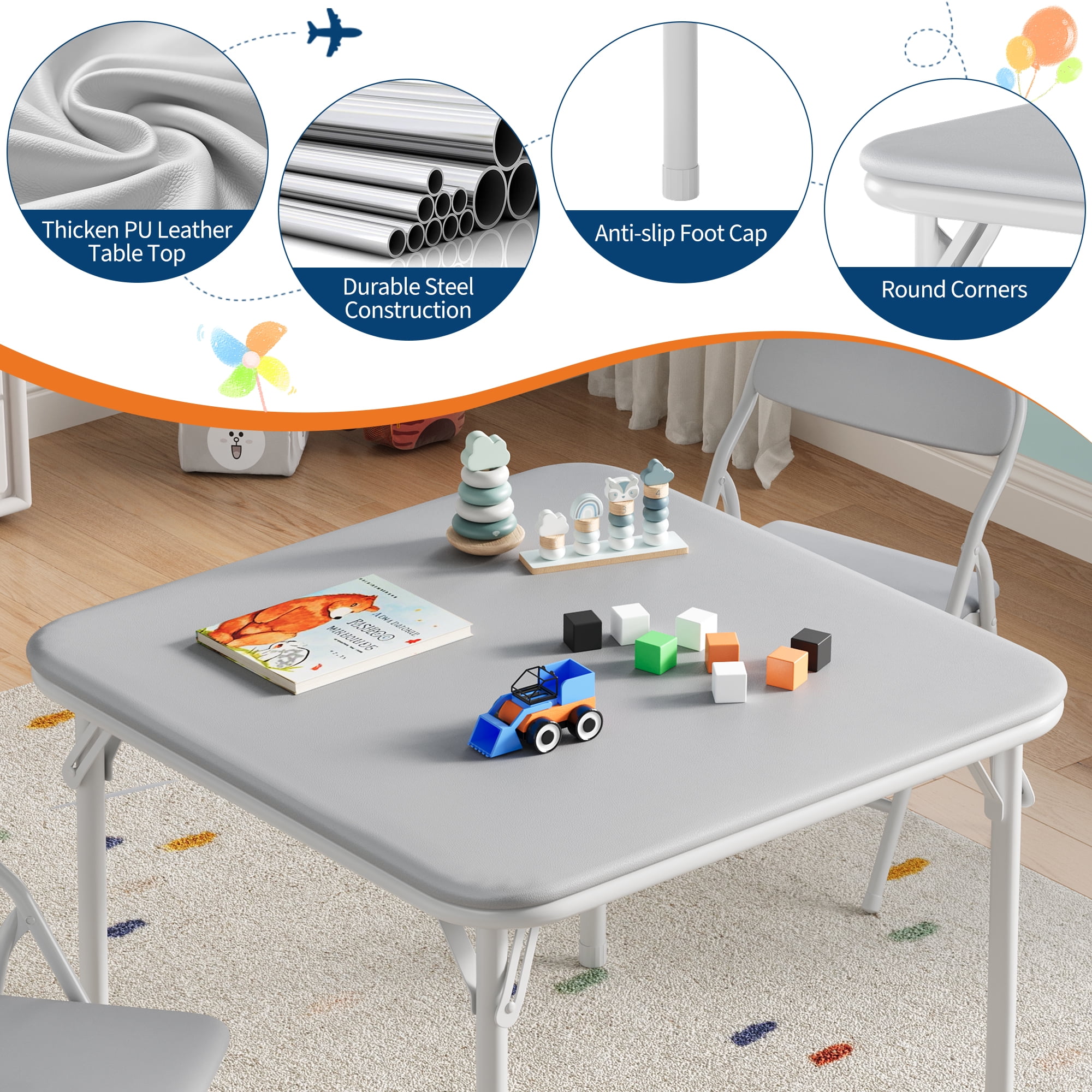 Kids Folding Activity Table and Chairs 5 Piece Set, Portable, with Ultra Soft Padded Cushion, Gray