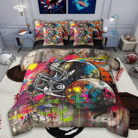 Erosebridal Rugby Cap Bed in a Bag Twin Size, American Football Bed Set,Colorful Graffiti Hippie Bedding Twin Size For Teens,Breathable Bedroom Decor Reversible,7 Pieces