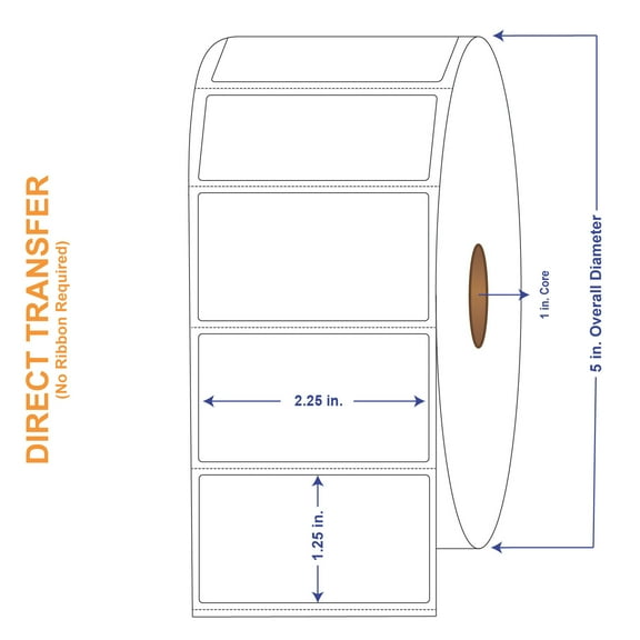 2-1/4" x 1-1/4" White Direct Print Thermal Labels, 1900 per roll (4 Rolls per Carton)