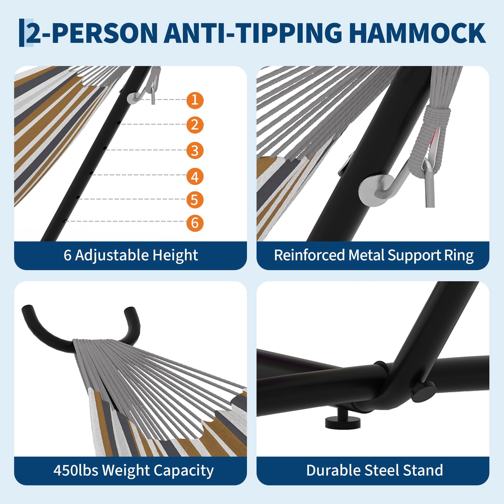 Double Hammock with Adjustable Steel Stand – Portable 2-Person Hammock with 450 Lbs Capacity, Waterproof Carry Bag & Space-Saving Design for Backyard, Beach & Balcony