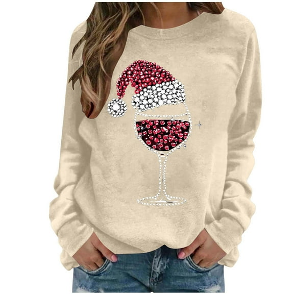 Atogsazn Christmas Sweatshirts for Women Casual Graphic Long Sleeve Shirt Pullover Fall Tops Blouse Clothing 01-Khaki XL Fashion