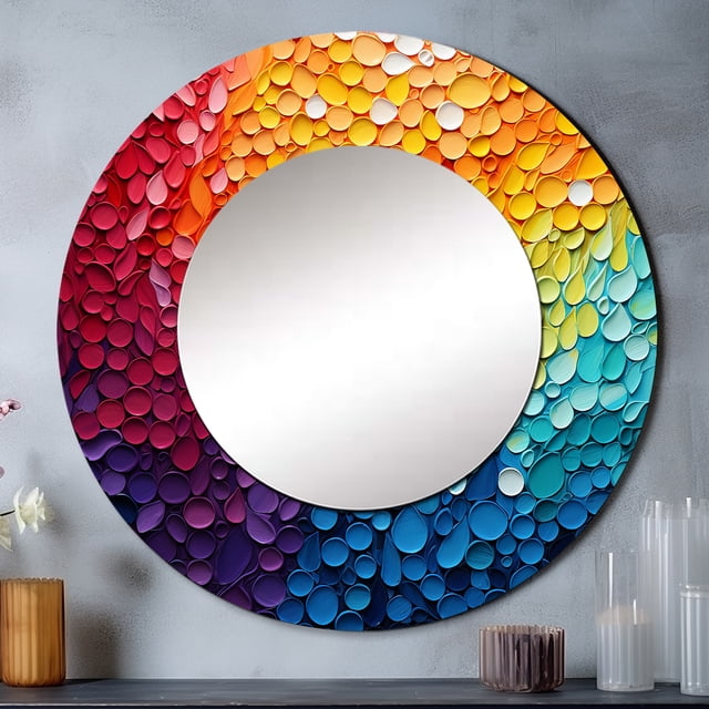 Designart "Contrasting Cadence Hardedge Art wall art I" Abstract Collages Rund Mirror For Wall Decor - Large Multi-Color Round Printed Mirror - Coastal Round Mirror 23" x 23" Inch