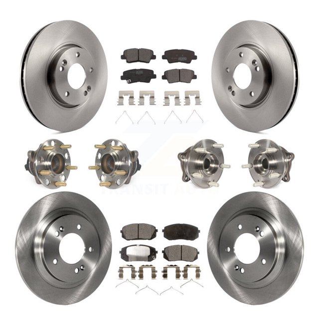 Transit Auto Front Rear Hub Bearing Assembly Disc Brake Rotor and Ceramic Pads Kit (10Pc) for Car 2016 Hyundai Sonata FULL HYBRID EV-GAS (FHEV) engine with Electric Parking Left Right KBB-126941