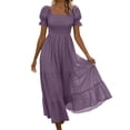 thumbnail image 2 of ClodeEU Women's Square Neck Puff Short Sleeve Smocked High Waist Tiered Ruffle Maxi Dress,Summer Flowy Casual Textured Dress Purple^,Women's Plus XXL, 2 of 7