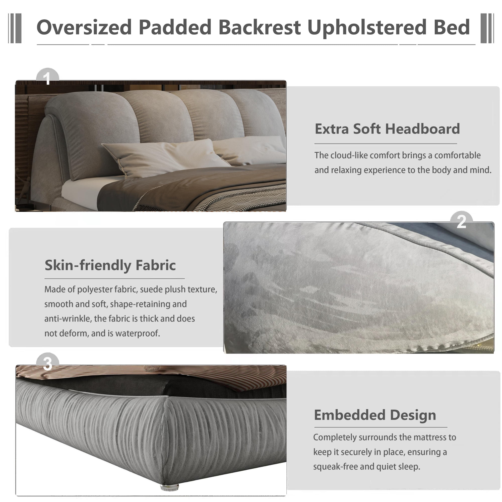 King Size Upholstered Platform Bed with Oversized Padded Backrest, Luxury Low Profile Bed with Solid Wood Frame and Slats Support for Bedroom