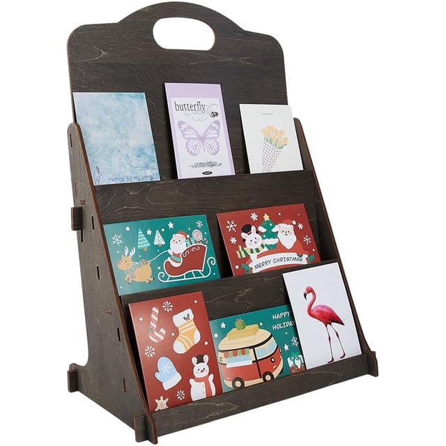 Exhibidor de tarjetas de felicitación de 3 niveles, organizador de postales de madera, porta folletos multiusos, color gris claro.