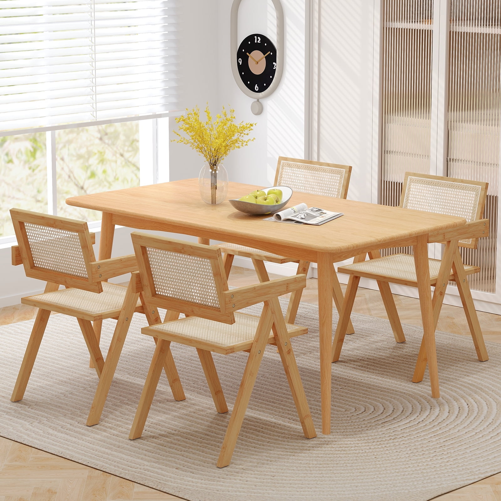 Costway Set of 4 Rattan Accent Chairs Mid Century Dining Armchair Bamboo Frame Kitchen Natural